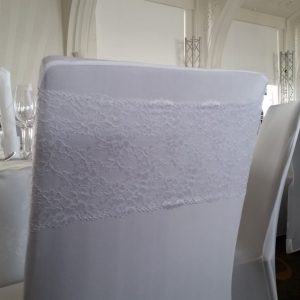 white lace chair band sash, Auckland Wedding Hire