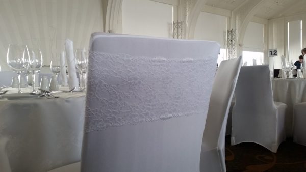 white lace chair band sash, Auckland Wedding Hire
